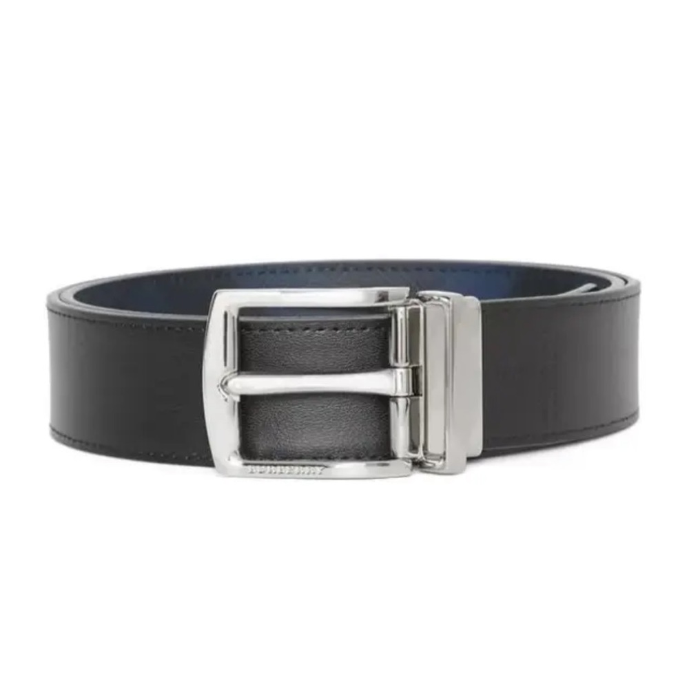 NWT BURBERRY Reversible London Check Belt Navy Black Leather Silver Buckle 30/75 - Picture 3 of 4